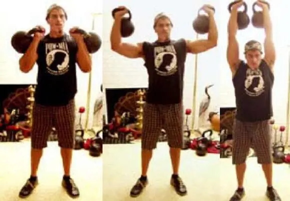 Exercise Description Clean two kettlebells to your shoulders Press the - фото 10