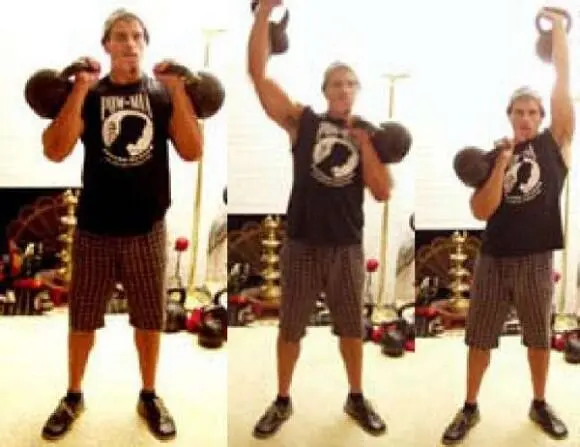 Exercise Description Clean two kettlebells to your shoulders Holding both - фото 11