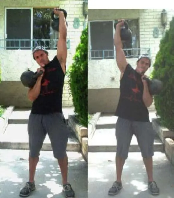 Exercise Description Clean two kettlebells to your shoulders Holding both - фото 12