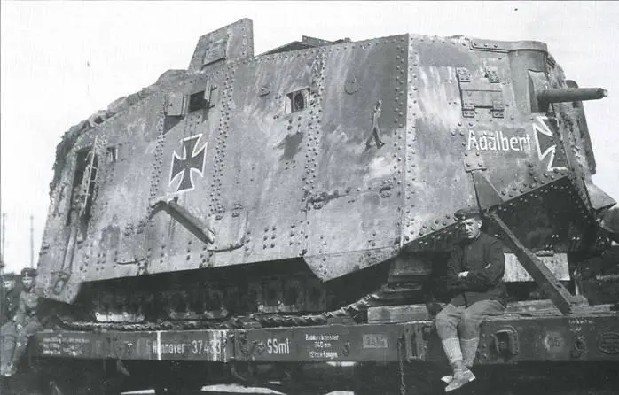 Танк A7V на шасси 543 на железнодорожной платформе Корпус изготовлен из брони - фото 64