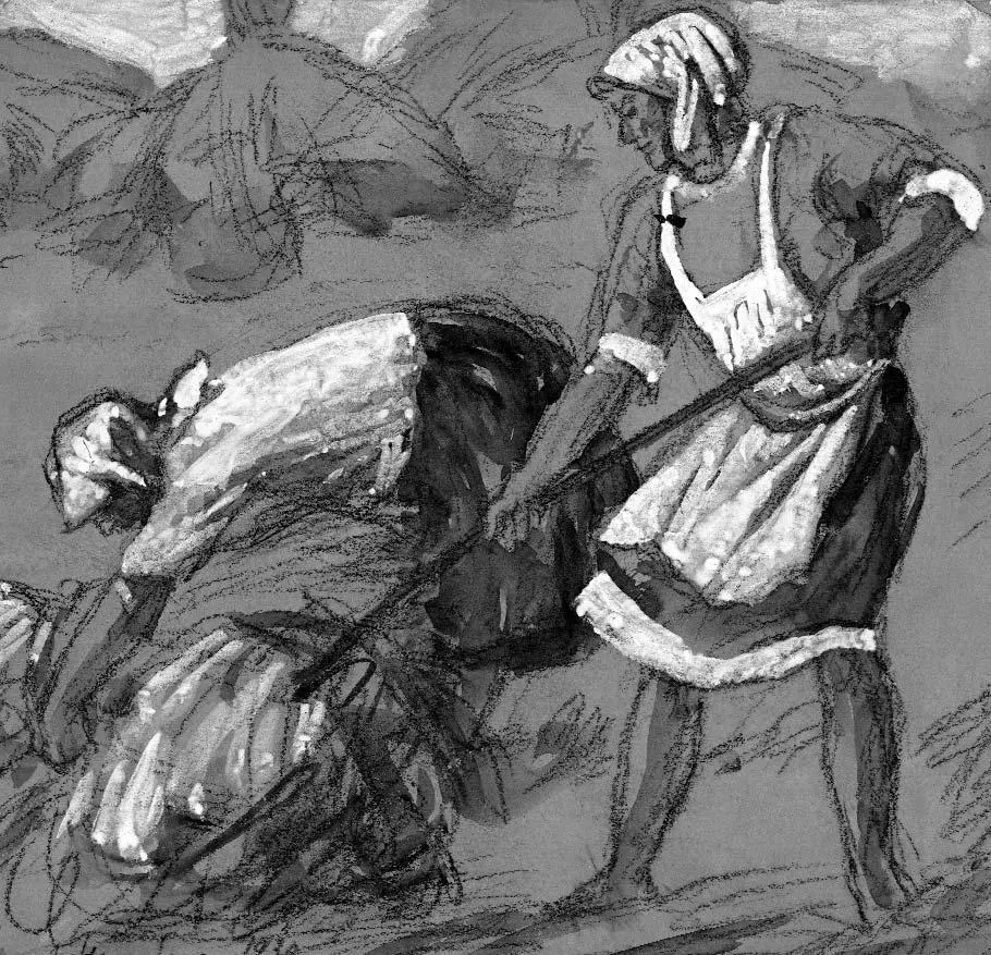 1930 Работа в поле Бумага уголь акварель белила 3233 Утром на следующий - фото 40