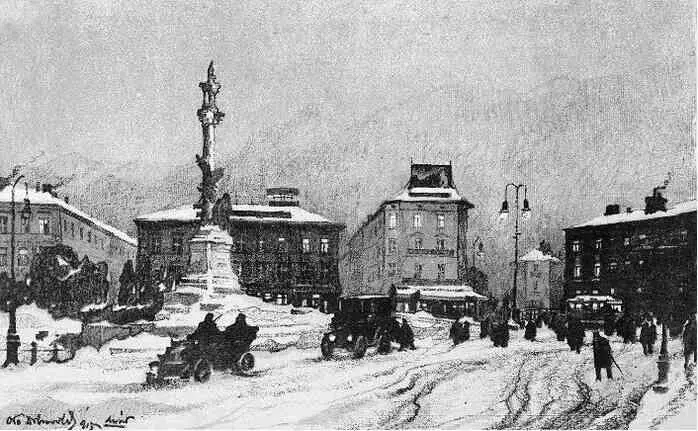 Площадь Мариацкая зимой 1914 1915 г Литография Одо Добровольского Львов - фото 125