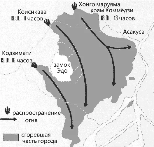 Пожар годов Мэйрэки схема Замок Эдо загорелся изза того что рядом с - фото 51
