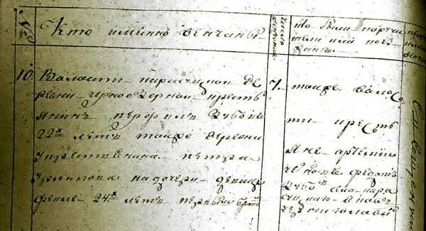 Фрагмент метрической книги 1816 года с записью о венчании Перфила Зубова Род - фото 75