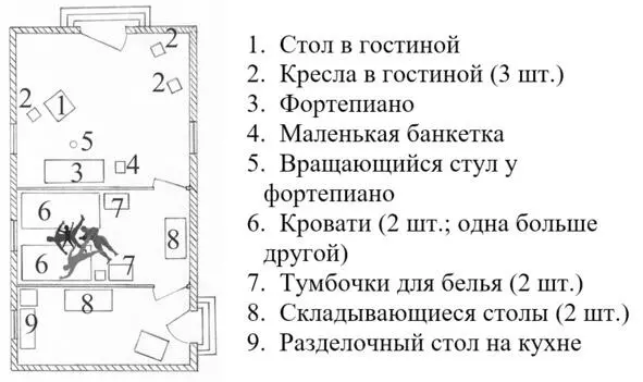План дома семьи Шульц с указанием расположения предметов мебели и трупов как - фото 22