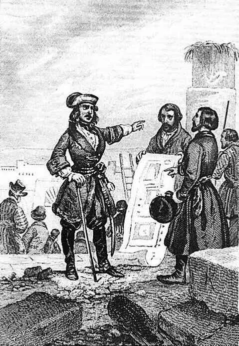 Петр I руководит строительством СПетербурга Французская гравюра 1845 г - фото 35