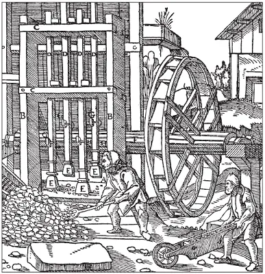 Средневековая дробилка руды Гравюра Georgius Agricola 14941555 Водяные - фото 14