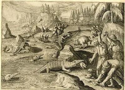 Охота на крокодилов в верховьях Нила Гравюра XVI века Охота на гиппопотама - фото 26