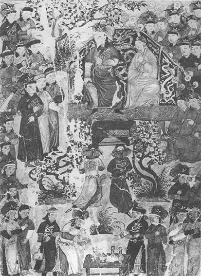 Чингисхан на троне с Бортэ перед ним коленопреклоненные сыновья по сторонам - фото 9