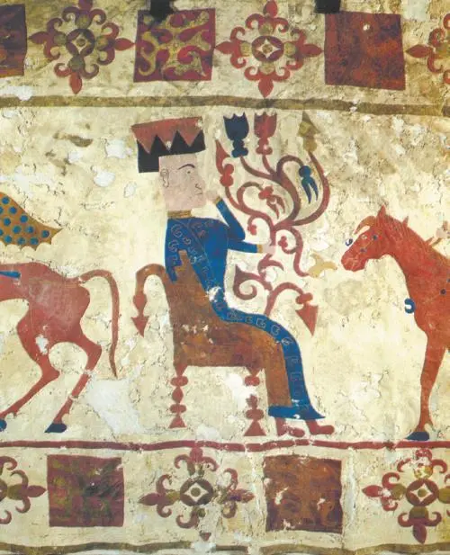 Фигура на троне Войлочный ковёр Пазырык Кожаные сосуды со степным - фото 2