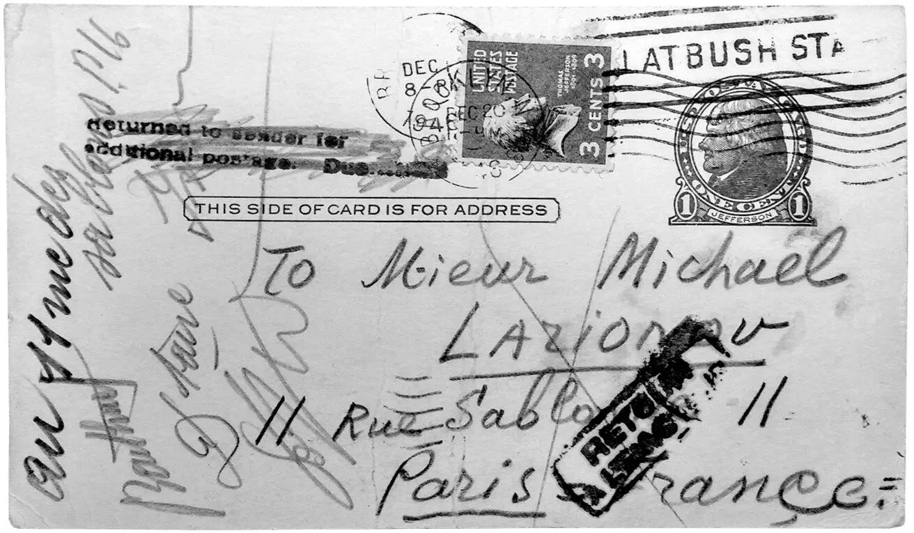 Открытка ДД Бурлюка МФ Ларионову от 8 декабря 1946 года по почтовому - фото 2