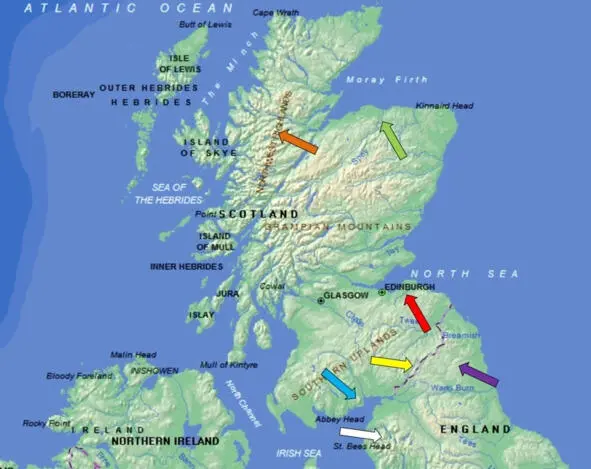 Карта Шотландии и Северной Англии Лотиан красная стрелка Тевиодейл желтая - фото 18