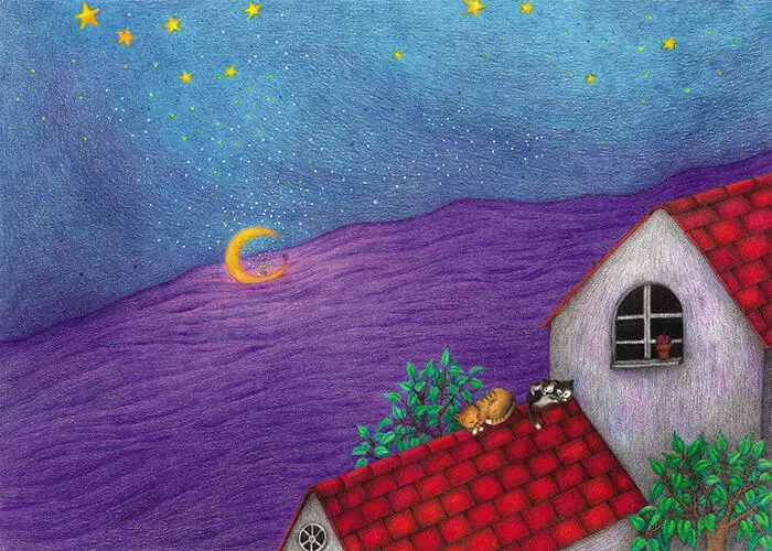 На нижнем роге месяца в небольшом пурпурном домике с цветной черепичной крышей - фото 1