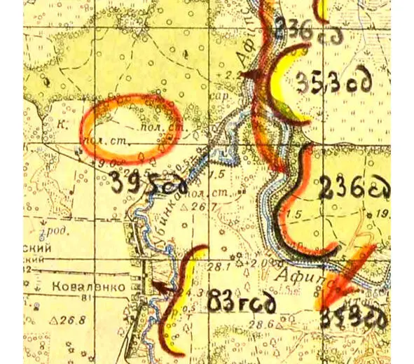 Фрагмент карты расположения частей 353й сд на 16 февраля 1943 г место боя - фото 45