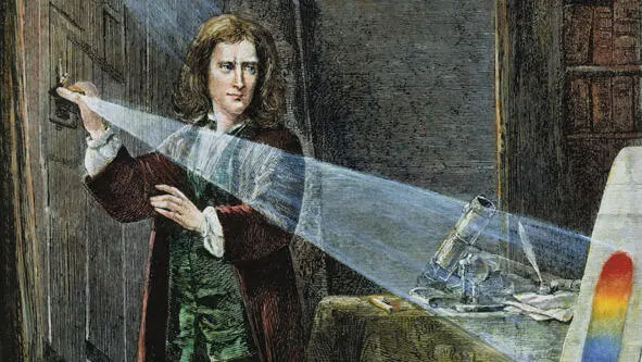 Исаак Ньютон проводит опыт по разложению света Раскрашенная гравюра XVIII - фото 26