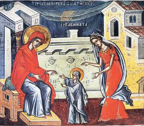 Праведная Анна учит Марию ходитьФреска XIV в Монастырь Дионисиат Афон В - фото 40