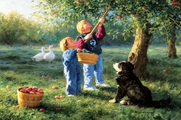 Художник ROBERT DUNKAN Помогаем мы сегодня маме Собираем яблоки в саду - фото 5