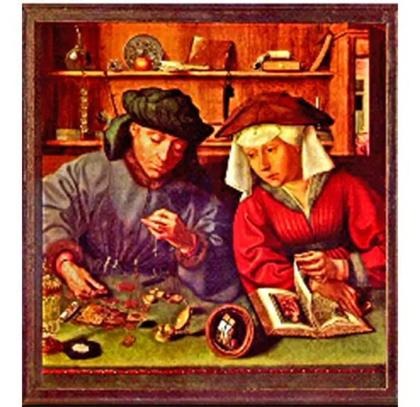 Массейс Меняла с женой 15201515 годы Масло дерево 71х68 Небольшая - фото 6