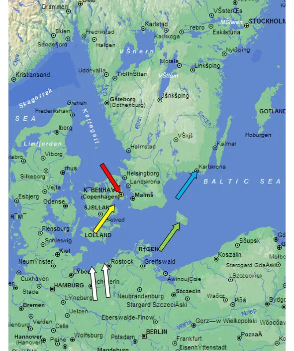 Копенгаген красная стрелка бухта Кьоге желтая стрелка Карлскруна синяя - фото 7