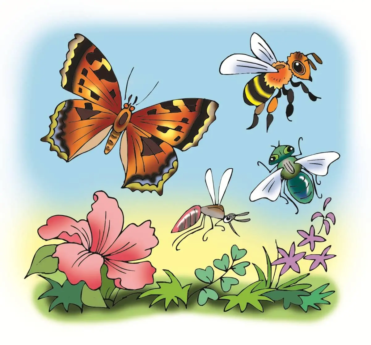 Бабочка Пчела Муха и Комар Летит в поле Бабочка ищет цветы и опыляет их - фото 9
