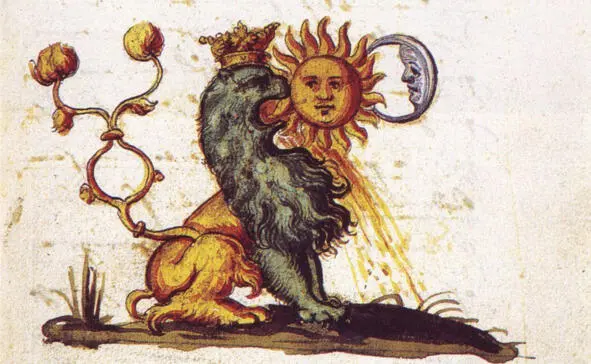 Зеленый лев пожирает Солнце Алхимический символ из Розария философов - фото 1