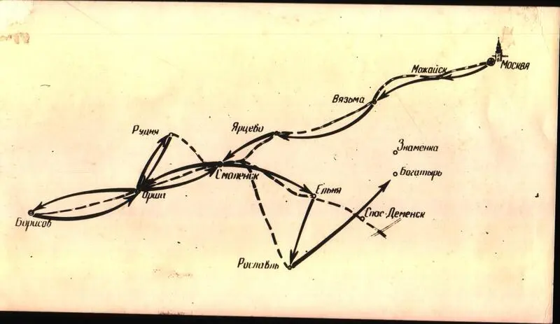 Схема движения батареи Флёрова из Москвы к Орше в июле 1941 года Хотя никакими - фото 3