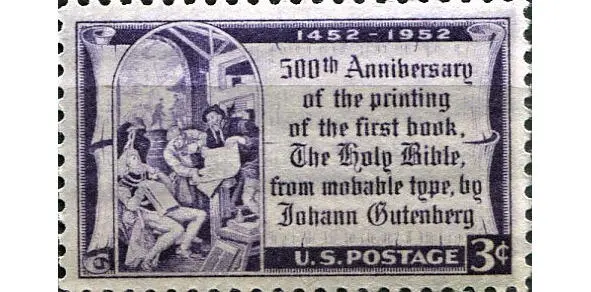 Марка пошты Злучаных Штатаў 1952 г да 500годзьдзя Бібліі Гутэнбэрга Наш - фото 3