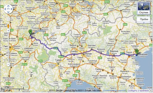 Скриншот карты Google Maps маршрут Женева Венеция 01 мая 2011 года мы - фото 1