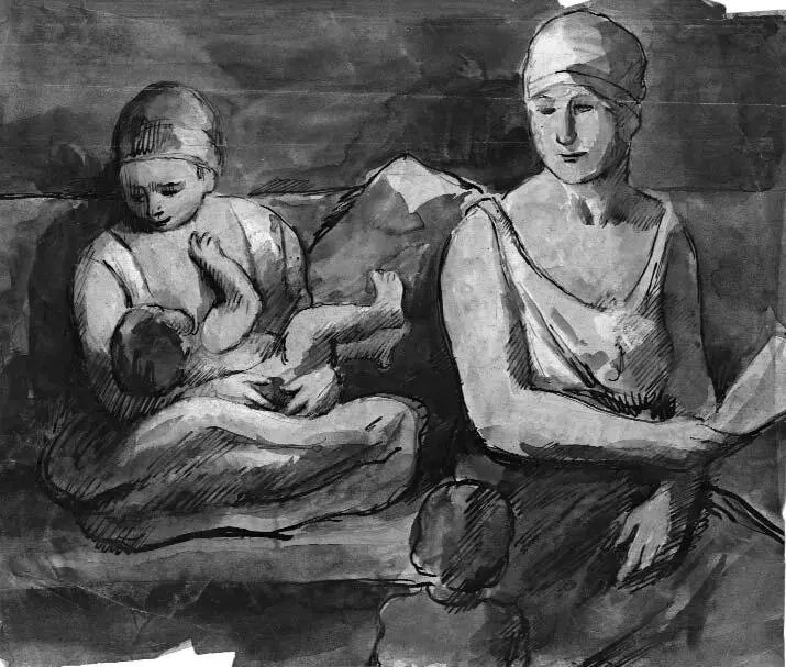 1924 Две женщины с детьми Бумага угольный карандаш акварель 2124 Вы - фото 10
