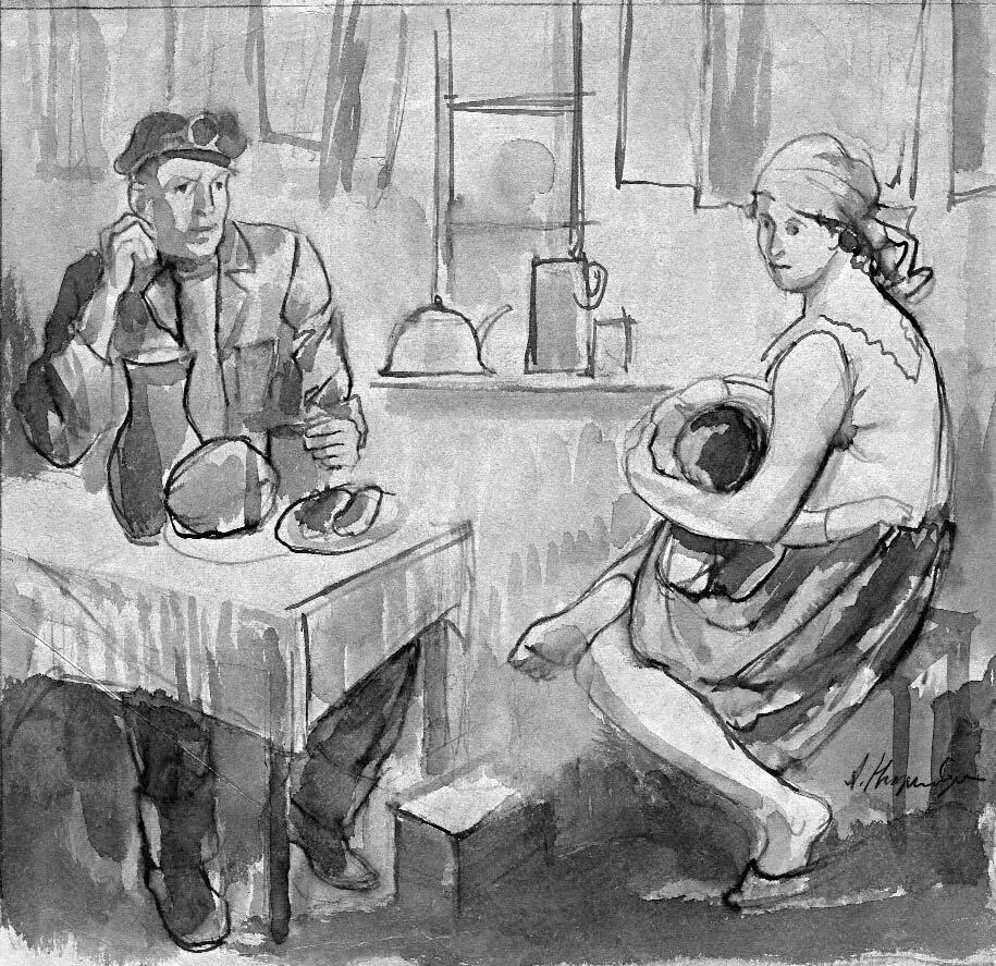 1956 Мать с ребенком и сидящий за столом мужчина Бумага чернила акварель - фото 12