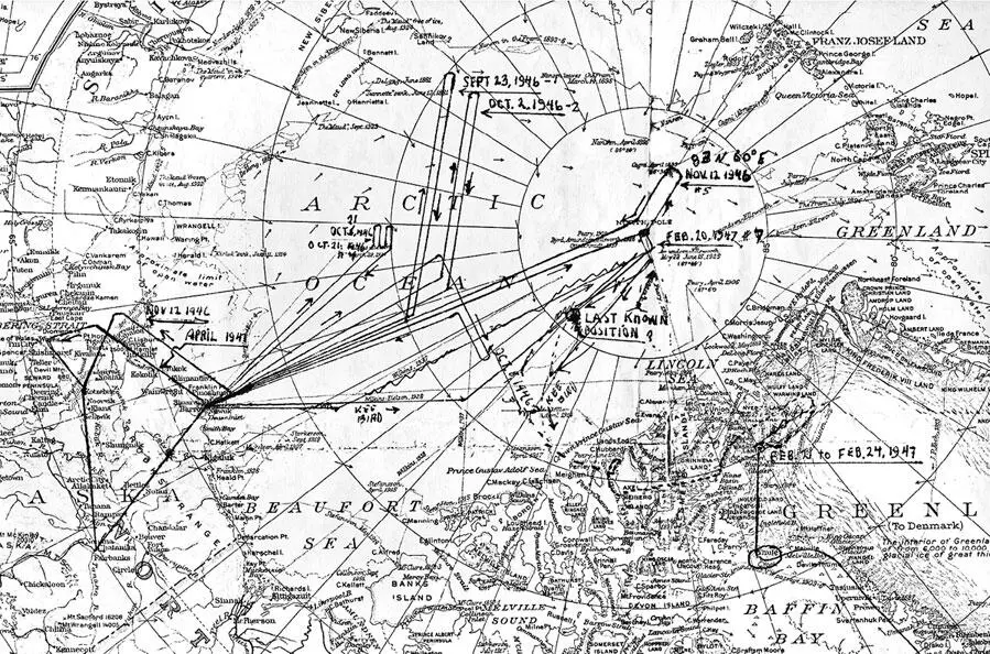 Одна из карт полётов бомбардировщиков Б29 над Арктикой в 1947 г В марте 1946 - фото 14