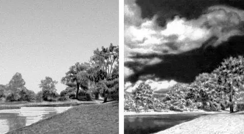 Фотографии ландшафта слева на обычной пластинке справа на инфракрасной - фото 442