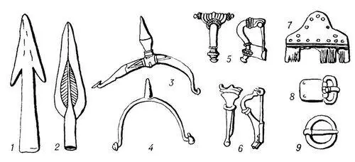 Пшеворская культура 1 2 наконечники копий 3 4 шпоры 5 6 фибулы 7 - фото 2