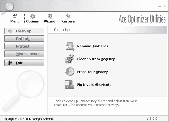 Рис 516 Окно программы Ace Optimizer Utilities В программе доступны четыре - фото 168