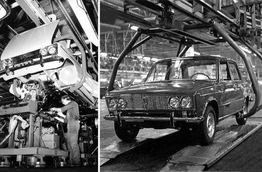 Слева сборка ВАЗ2103 Справа автомобиль сходит с конвейера В 1973 году - фото 59