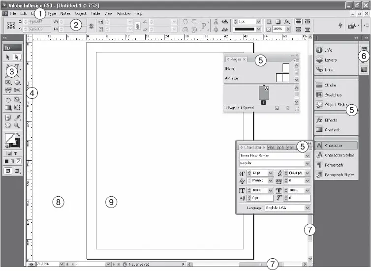 Рис 66 Общий вид окна программы Adobe InDesign 1 строка меню 2 Control - фото 139