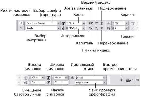 Рис 132 Панель управления в режиме работы с текстом вверху левая часть - фото 248