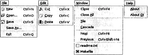 Рис 617 Меню MDIприложения Editor Давайте начнем с класса MainWindow - фото 96