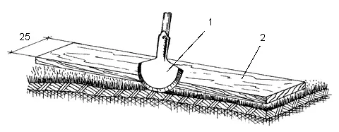 Рис 29 Обрезка и выравнивание краев газона 1 лопатасекач 2 доска - фото 30