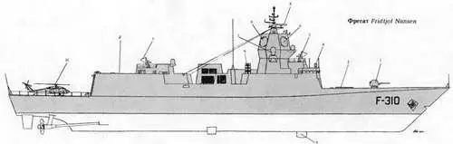1 76мм АУ 2 ВПУ ЗРК Sea Sparrow 3 Обтекатель антенны ГАС MRS 2000 4 - фото 279