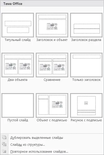 Рис 816 Макеты слайдов 2 В открывшемся меню представлены следующие макеты - фото 49