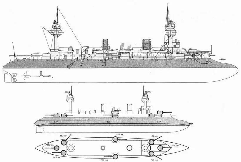 Дюпюи де ЛомВнешний вид корабля и схема распределения броневой защиты - фото 8