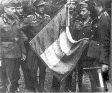 Группа азербайджанских легионеров с боевым трофеем знаменем партизан - фото 6