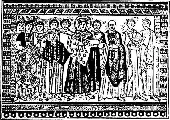 Император Юстиниан со своей свитой Справа духовные лица слева воины В - фото 46