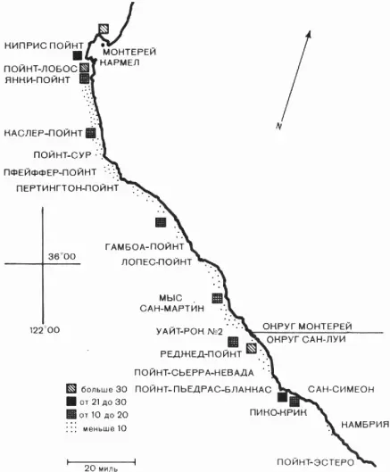 Распространение колоний каланов в Калифорнии в октябре 1967 года по данным - фото 135