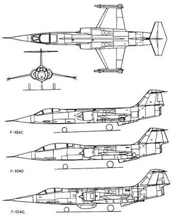 Рис 228 Проекции самолета Старфайтер F104 модификации С D и G - фото 168