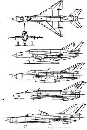 Рис 257 Проекции различных модификаций многоцелевого истребителя МиГ21 - фото 203
