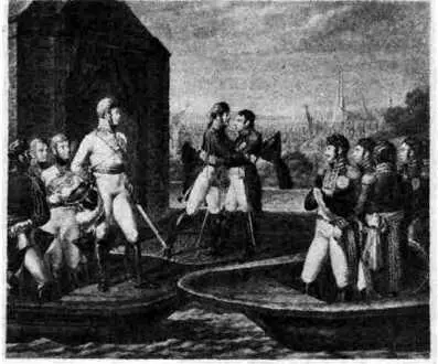 Гравюра акватинтой 1807 Слева в лодке у плота свита Александра I великий - фото 168
