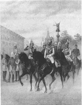 Николай I со свитой у Конногвардейского манежа Литография Середина XIX в - фото 132