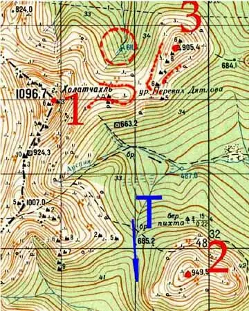 Карта района перевала Дятлова иллюстрирующая тезис о превышении фактической - фото 91